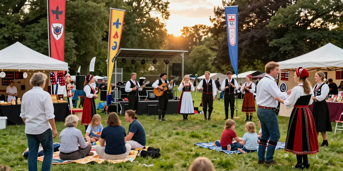 A lively outdoor cultural festival celebrating M98 ล๊อตเว็บตรง 2026 with traditional Breton music, colorful stalls, and diverse attendees enjoying the event.