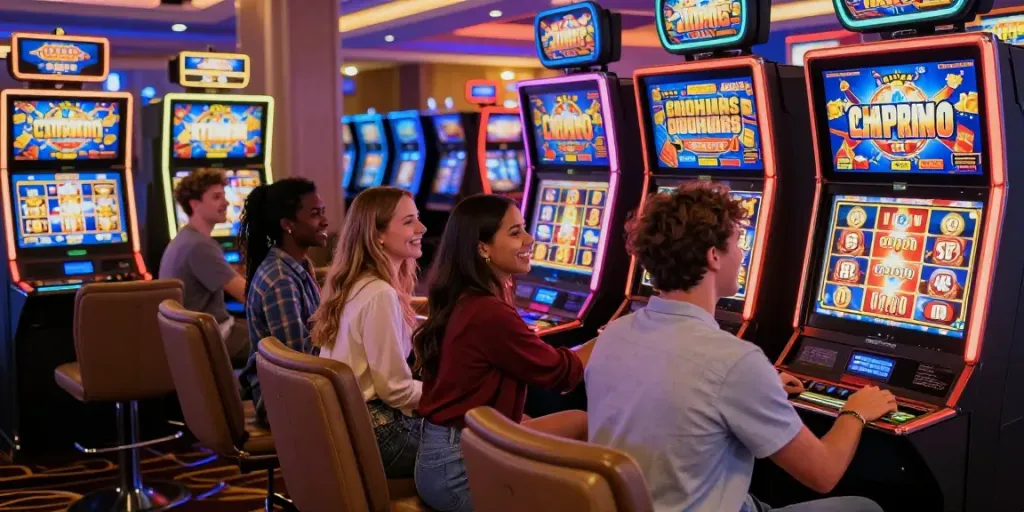 Exciting gaming scene at situs slot gacor with friends celebrating a win.