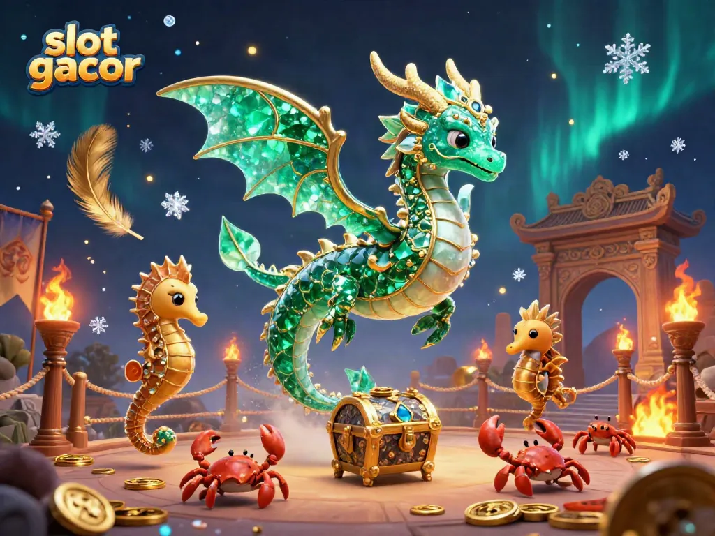 Engage with the vibrant slot gacor scene featuring a 3D sea dragon and gold treasures amidst shimmering casino elements.