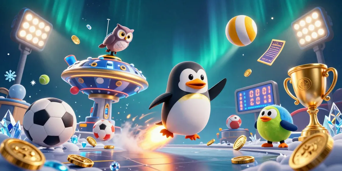 Engage with MANCLUB's thrilling game environment led by a golden penguin amid a casino adventure.