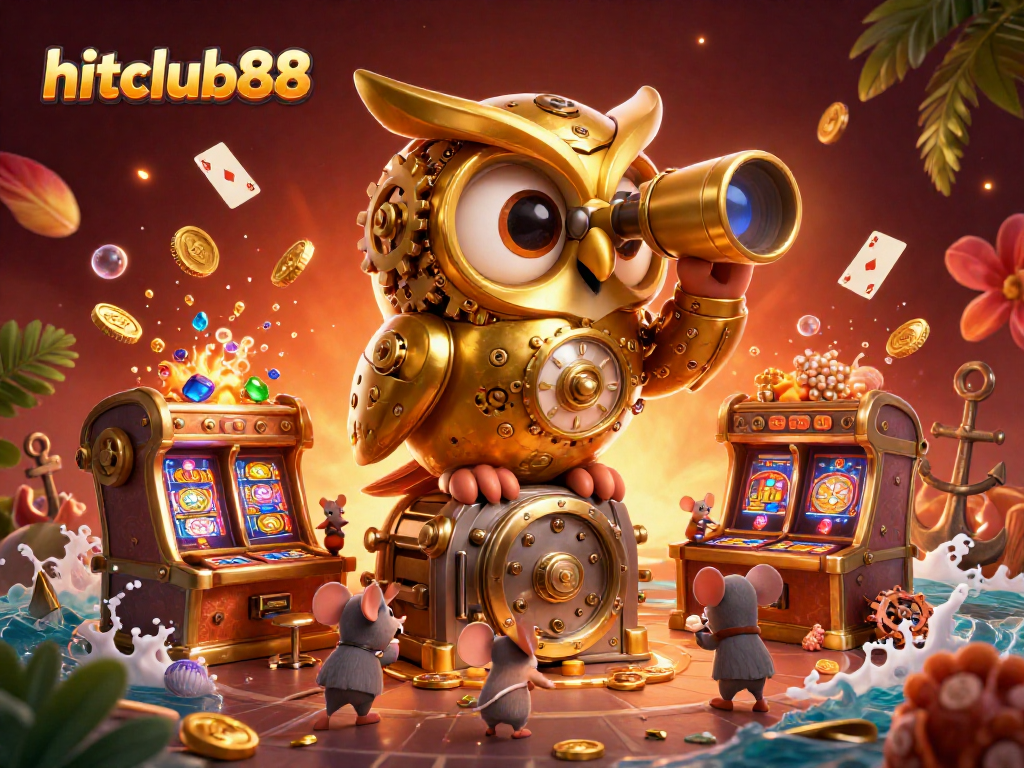 Experience thrilling casino action with hitclub88 featuring an owl and mice at a lively gaming floor.