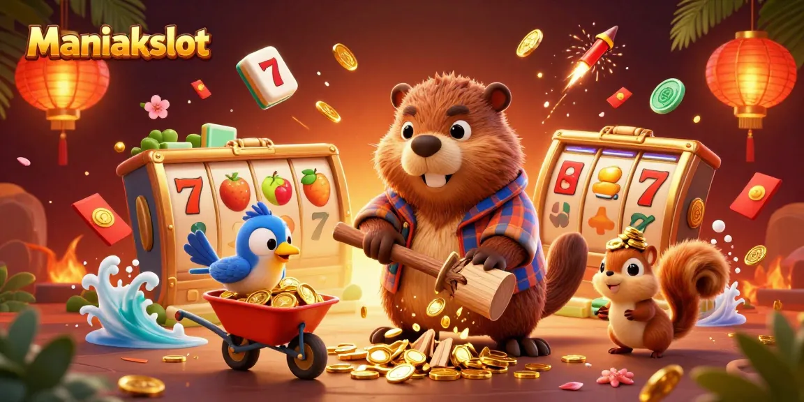 Experience the thrill of Maniakslot with a vibrant cartoon scene of a beaver, bird, and squirrel collecting golden winnings.