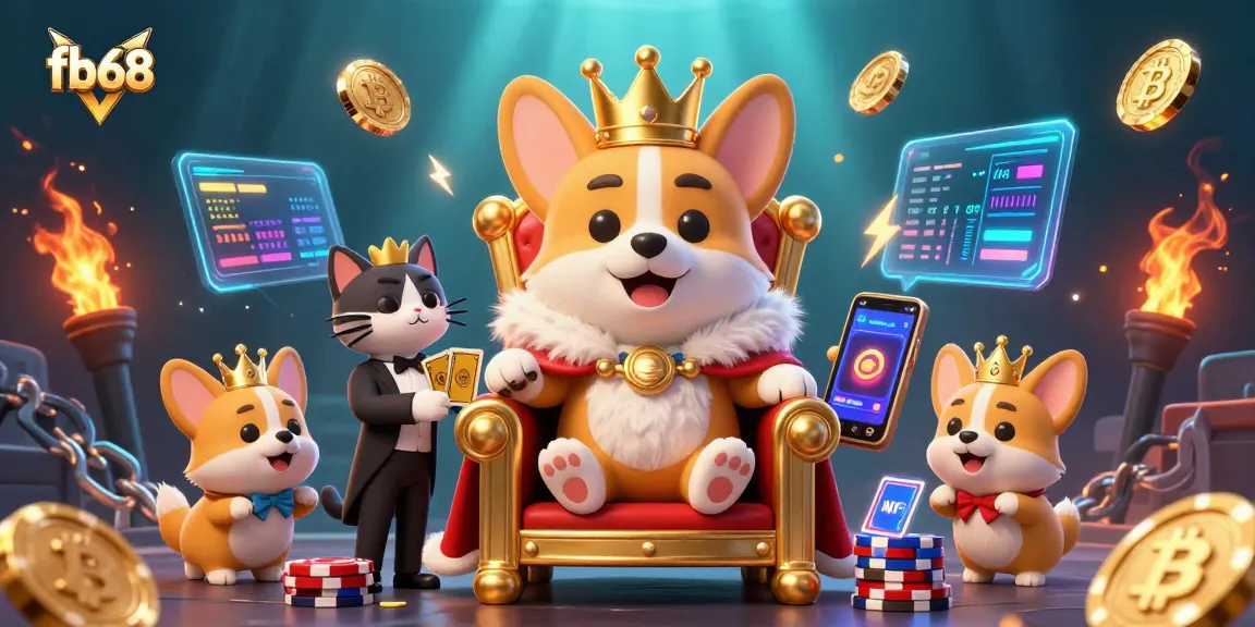 Experience excitement at fb68 with a royal corgi gambling scene highlighting casino elements and crypto coins.