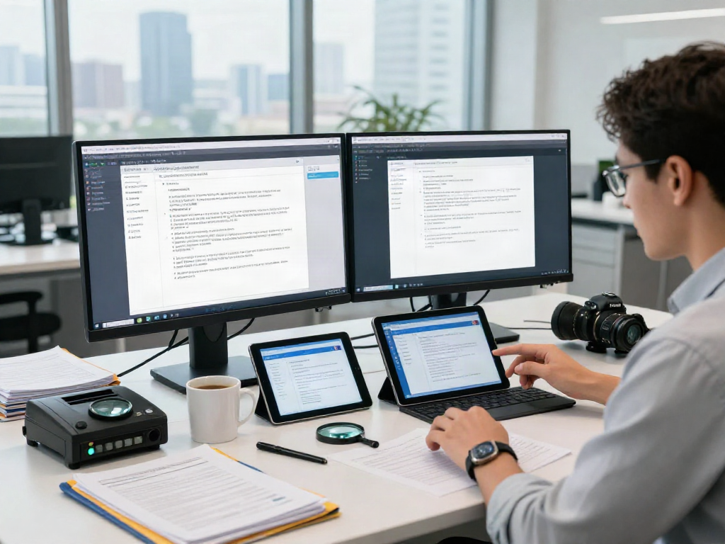 Document fraud detection analysis by cybersecurity expert in a modern office