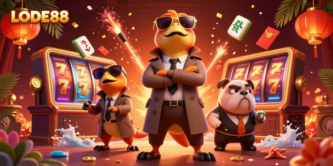 Experience the thrill of LODE88 with raptors in a trench coat at a vibrant VIP casino.