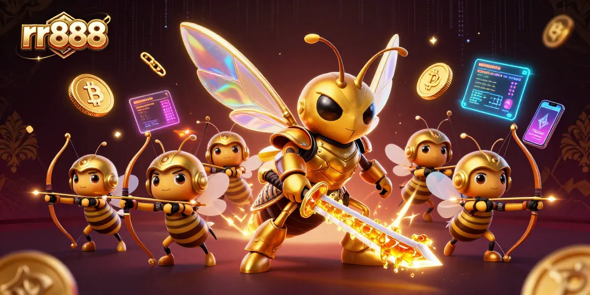 Engage with rr888 as a vibrant golden hornet battles for winnings in a dynamic casino illustration.