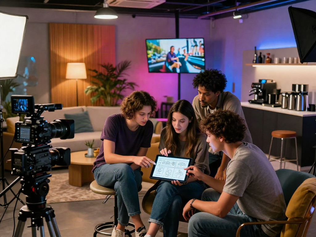 Creative professionals in a vibrant studio collaborating on ai porn content production.