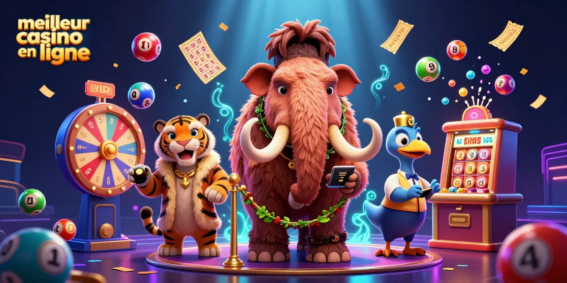 Illustration dynamique d'un meilleur casino en ligne avec des personnages animaliers et des éléments de jeu colorés.