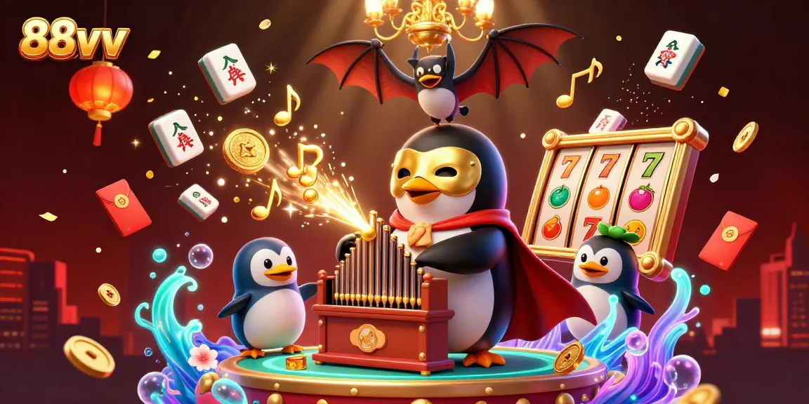 Experience the thrill of 88vv as a phantom penguin plays a golden organ, surrounded by dynamic gambling elements.