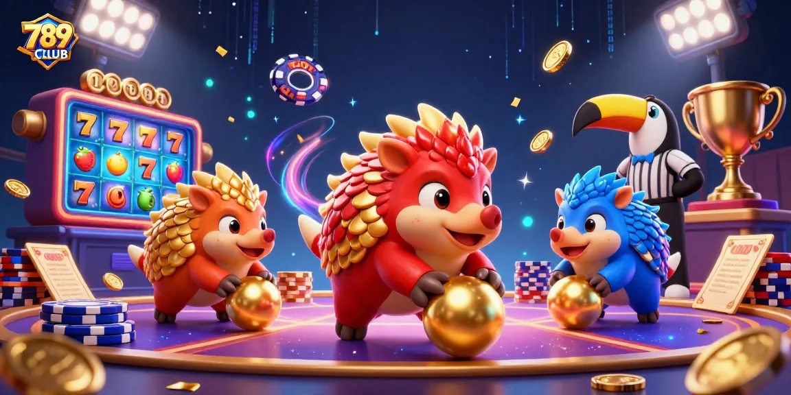 Experience thrilling gameplay at 789CLUB as rival pangolins roll golden balls through poker chips in a vibrant scene.