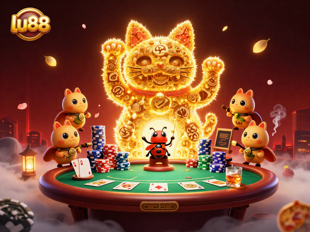 Experience winning fun at lu88 with vibrant casino symbols and a waving lucky cat in a dynamic 3D environment.