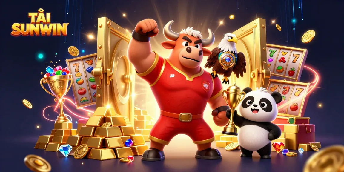 TẢI SUNWIN showcases a vibrant 3D cartoon scene with characters celebrating jackpot wins in a casino.