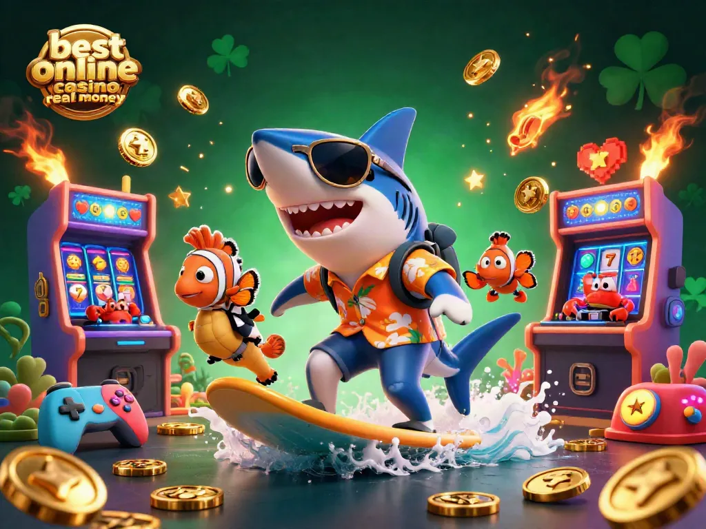 Surfing for gold coins at the best online casino real money, featuring characters and vibrant gaming elements.