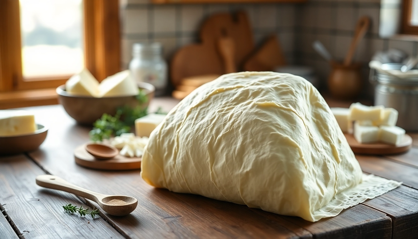 Kaasdoek ligt op een houten tafel met zuivelproducten, perfecte achtergrond voor koken.