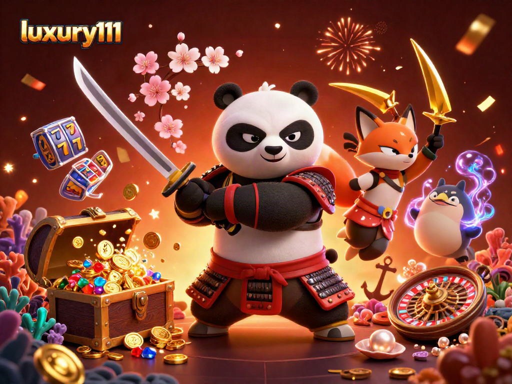 Experience luxury111 with a samurai panda, ninja fox, and spirit tanuki in a vibrant casino scene.