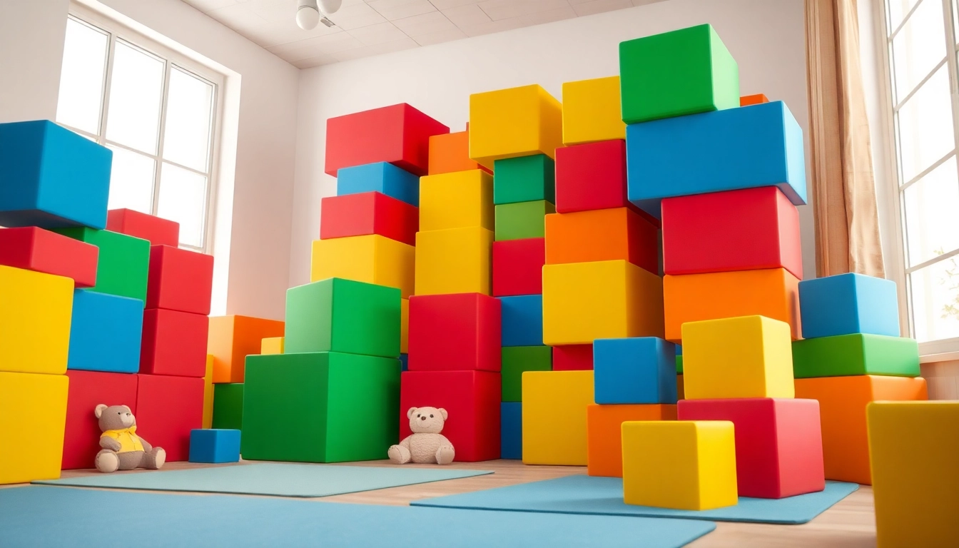 Get more details about giant foam building blocks in a colorful children's playroom setting.