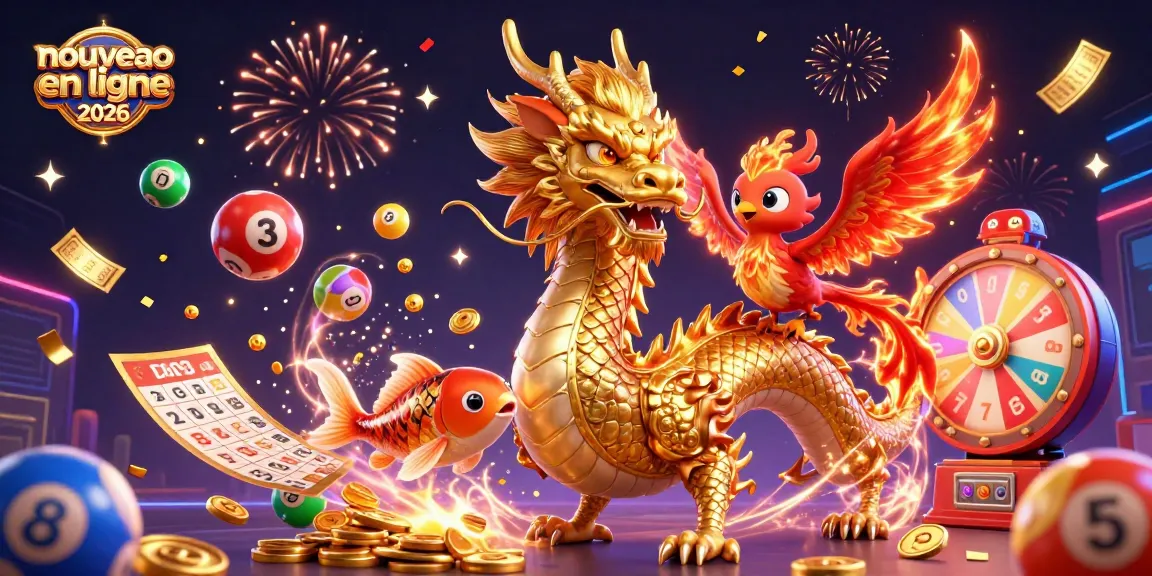Illustration dynamique pour le nouveau casino en ligne 2026 avec un dragon, un phénix et des éléments de chance.