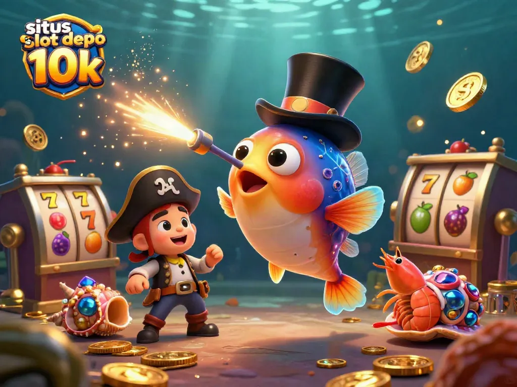 Engage with the situs slot depo 10k experience featuring a cartoon anglerfish attracting coins in a thrilling ocean-themed scene.