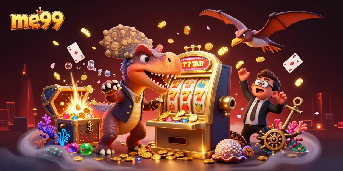 me99 jackpot coins fly as a pachycephalosaurus clashes with a golden slot machine in a vibrant casino