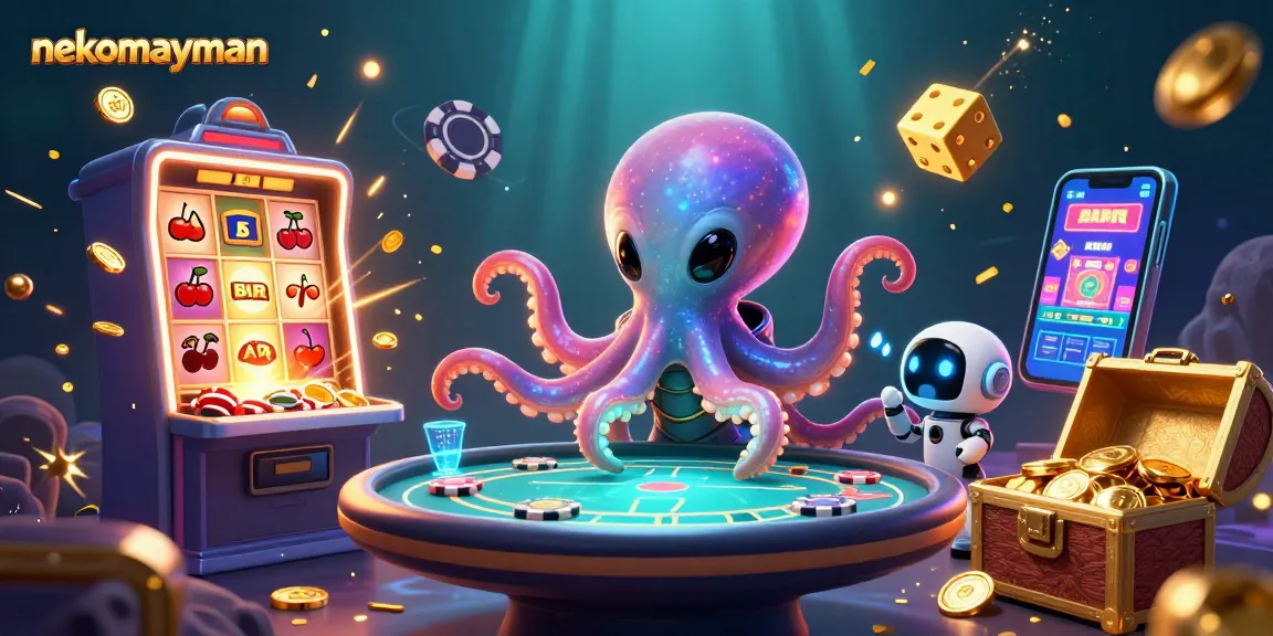 Experience thrilling jackpots in nekomayman with an alien octopus expertly handling a floating holographic poker table.