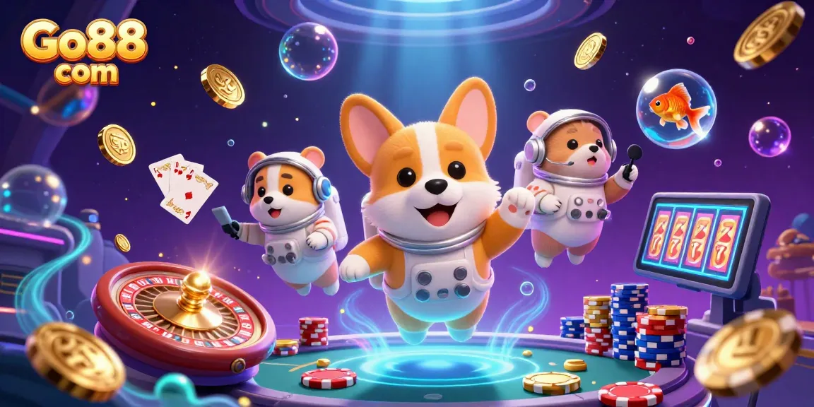 Win big with Go88 com in this vibrant 3D casino scene featuring floating coins and dynamic game elements.