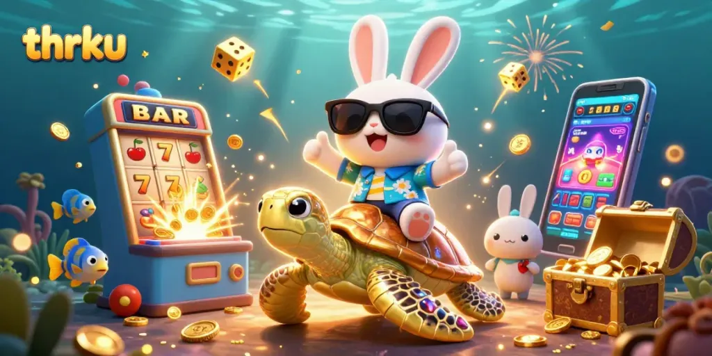 Engage with thrku as the lucky rabbit and golden turtle celebrate in a vibrant casino scene.
