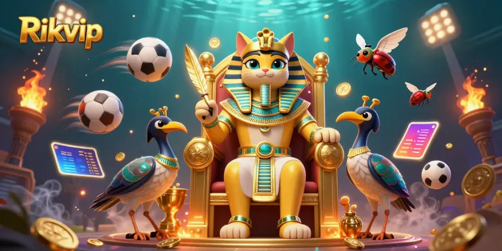 Experience the magic of Rikvip in a vibrant casino scene with Egyptian themes and animated sports elements.