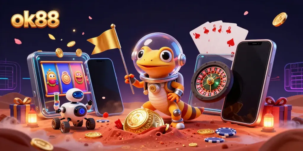 Experience vibrant gaming with ok88's dynamic landscape featuring a cartoon gecko in a golden casino.