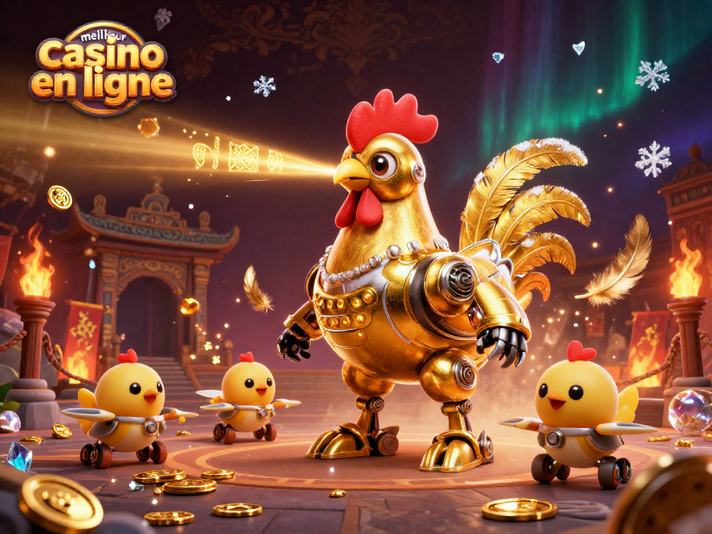 Explorez le meilleur casino en ligne avec un robot coq doré et des drones, un univers captivant de jeux.