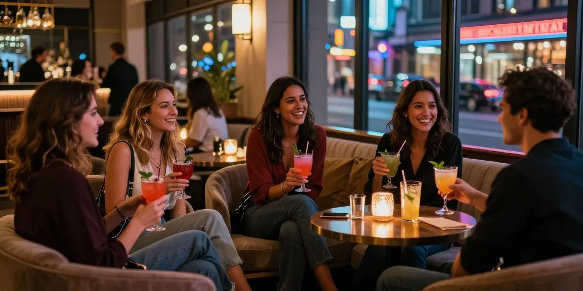 Social group enjoying vibrant nightlife at an opi-site, cocktails in hand, lively city backdrop.