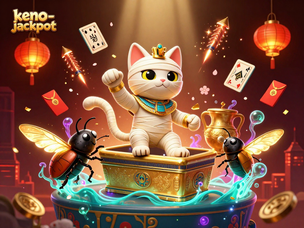 Experience keno-jackpot thrills with a dynamic casino scene featuring lucky charms and vibrant characters.