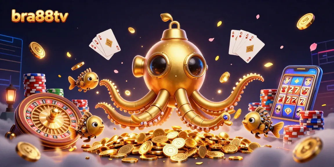 Experience exciting gaming with bra88tv's vibrant 3D casino scene featuring dazzling coins and prizes.