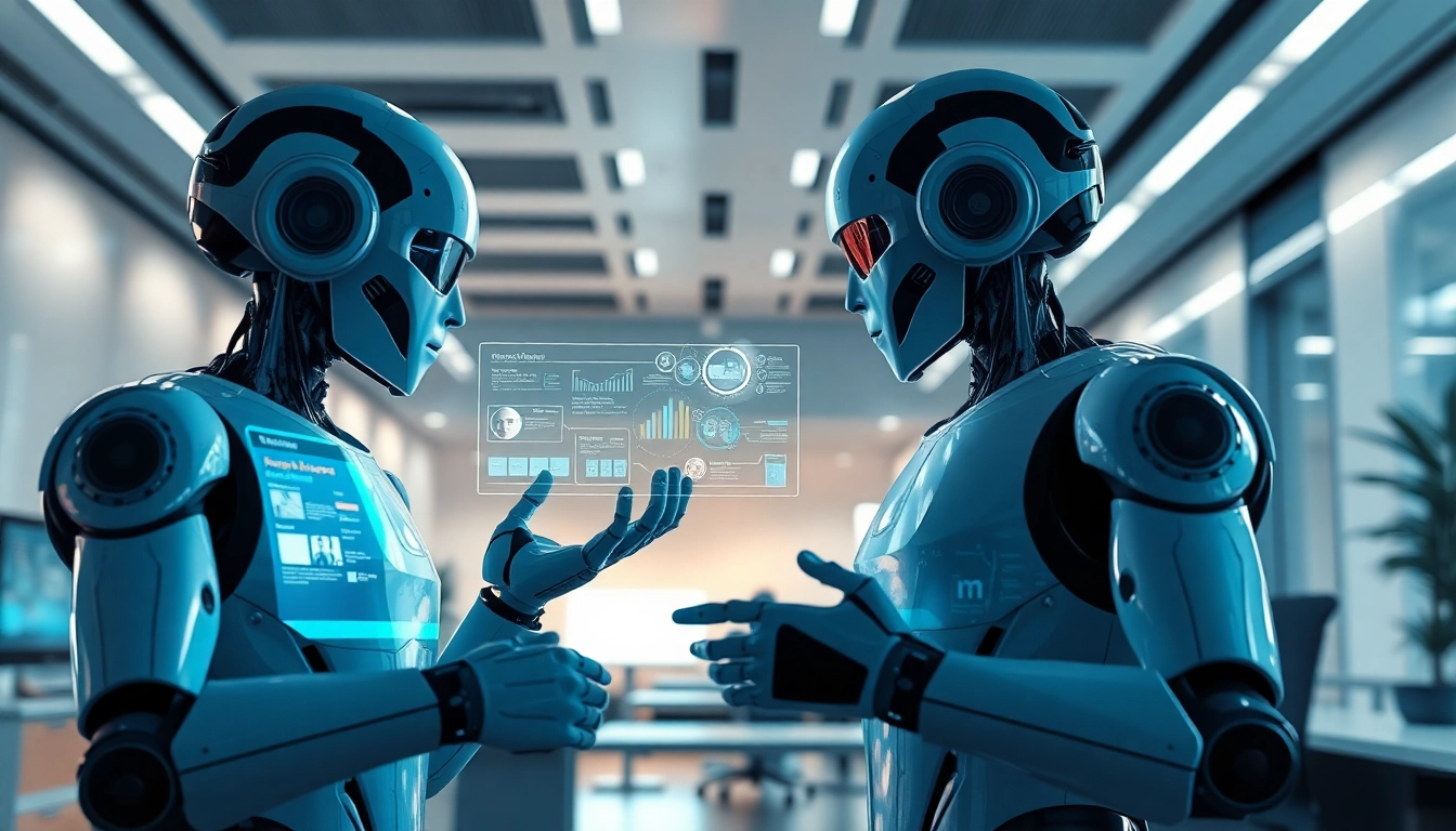 AI agents collaborating in a futuristic office with dynamic workflows.