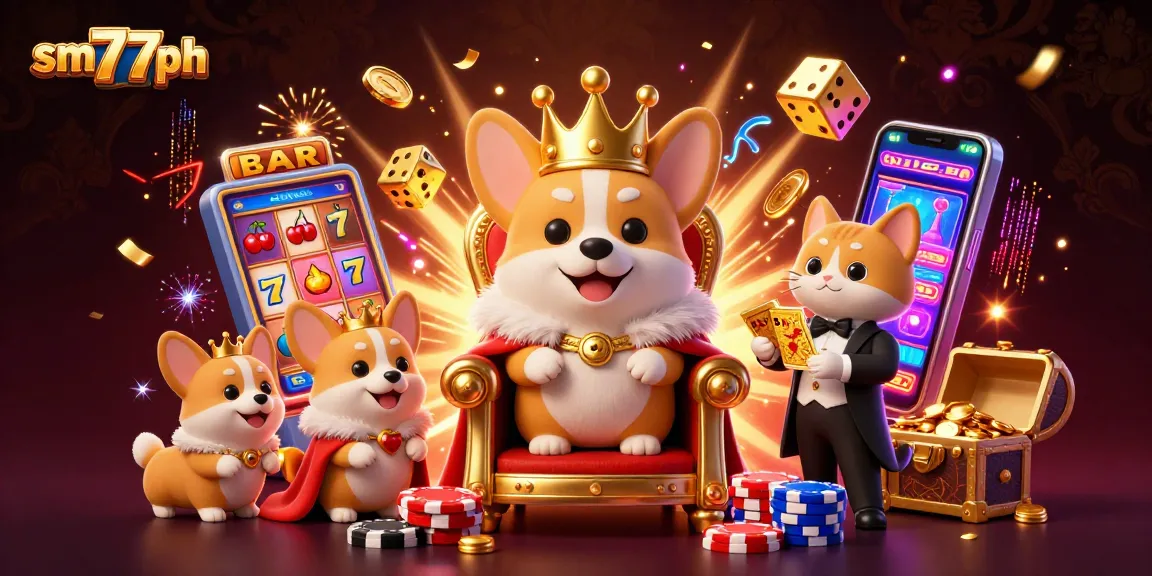 Engage with exciting jackpots at sm777ph featuring a royal corgi on a throne of poker chips.