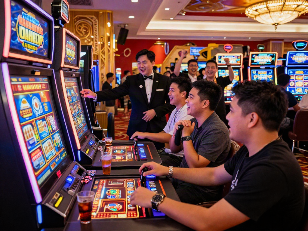 Excited players enjoying Slot Gacor MAHJONGJP88 in a lively casino atmosphere with bright lights and casino chips.