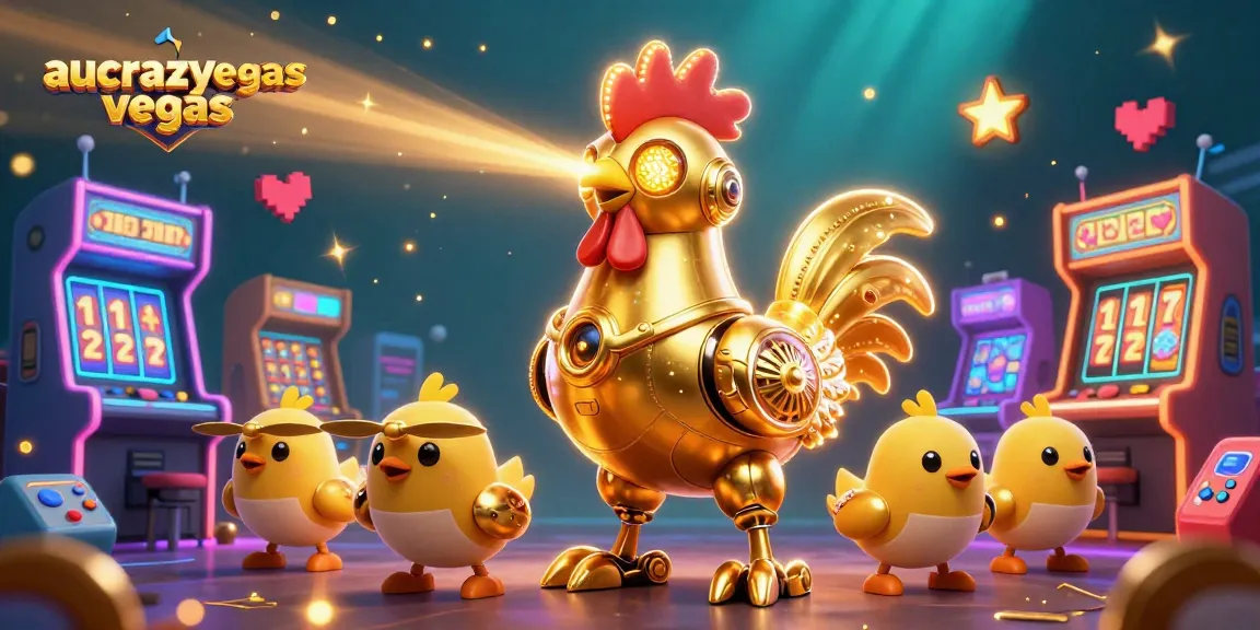An engaging scene showcasing the aucrazyvegas golden rooster robot and baby chick drones in a vibrant casino arcade setting.