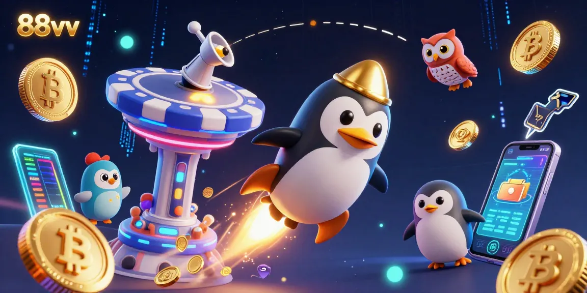 Engage with 88vv, as a golden penguin with coins rockets toward an exciting casino.