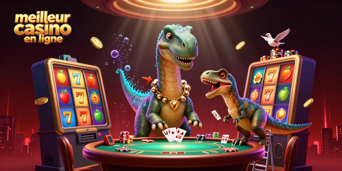Le meilleur casino en ligne propose un univers coloré de jeux avec un brontosaurus géant et des cartes de poker.