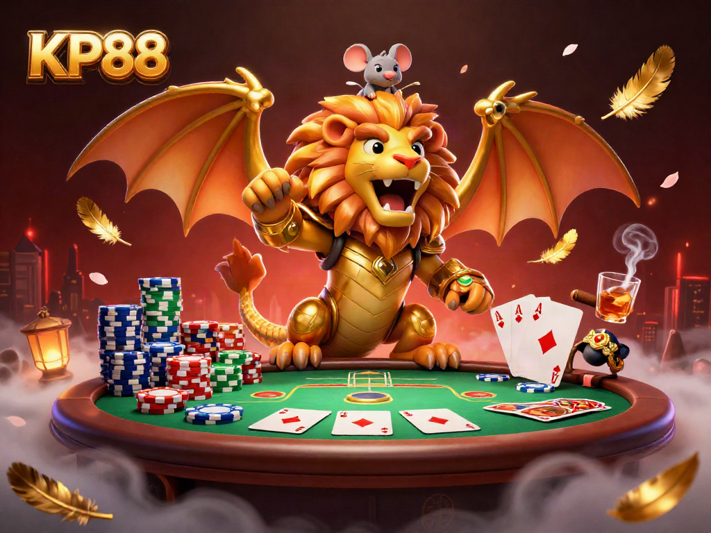 Engage with the thrilling KP88 poker scene featuring a golden chimera and charismatic mouse jockey.