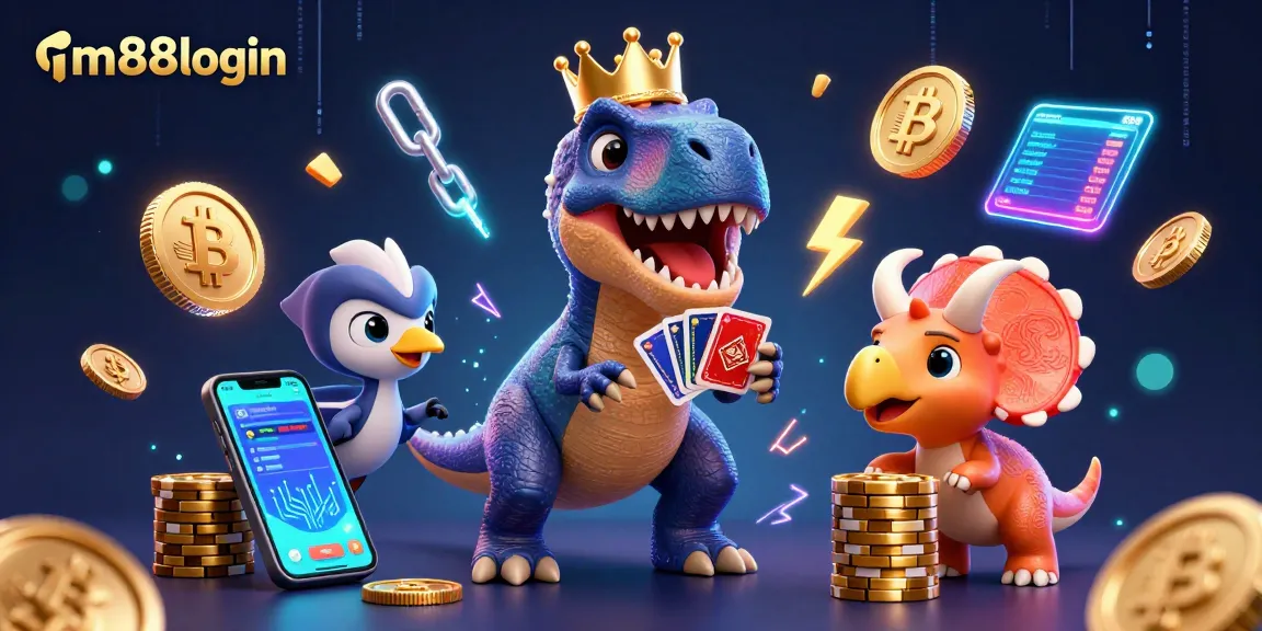 Experience winning strategies at m88login with a T-Rex and friends playing cards and stacking chips in a vibrant casino.