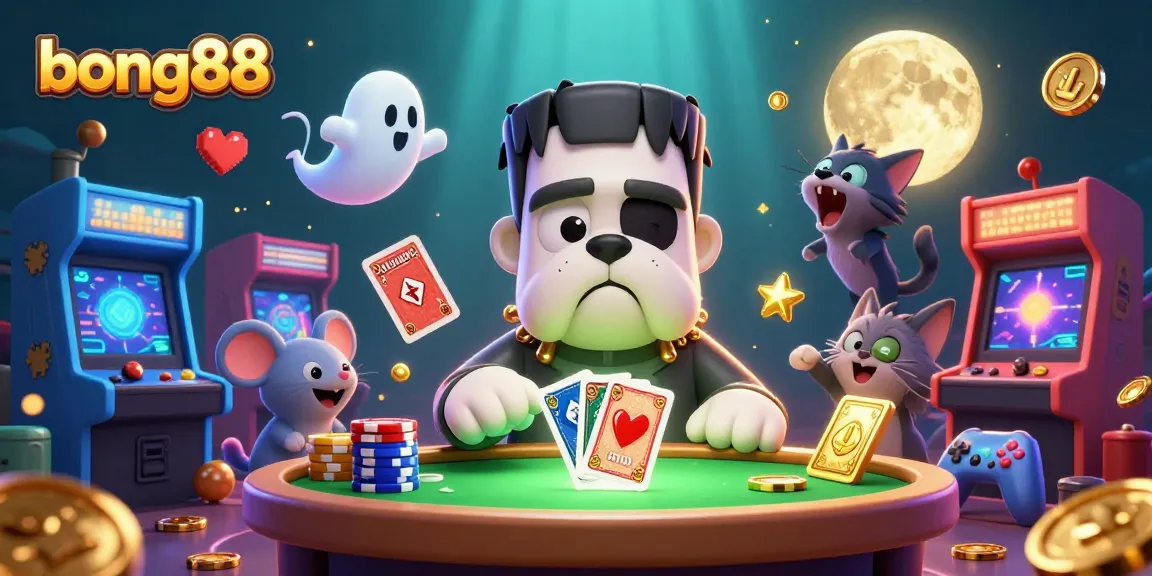 bong88 showcases a playful casino scene with a bulldog monster dealing cards, lively ghost mouse, and a werewolf kitten howling.