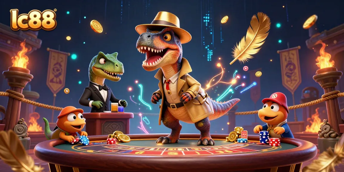 Experience thrilling gameplay at lc88 where a velociraptor attempts to count cards amidst a lively casino scene.