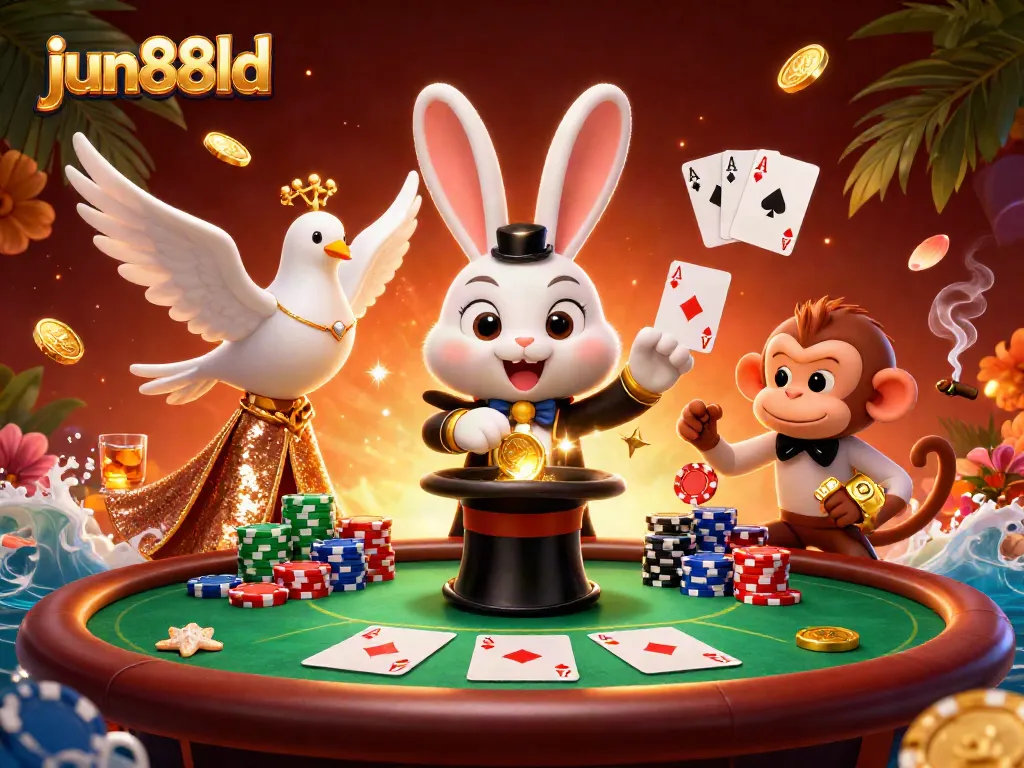 Experience thrilling gaming action with jun88ld as a magician rabbit reveals golden coins and poker chips.
