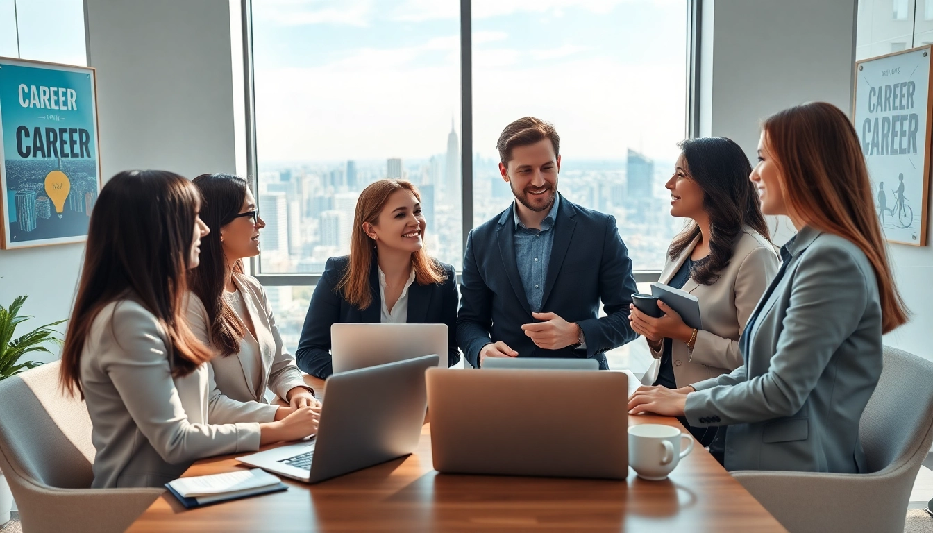 Professionals exploring their ideal career options in a motivational office setting.