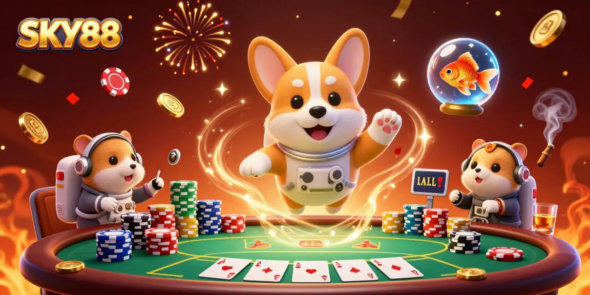 Engage with thrilling poker gameplay at SKY88 as a cartoon astronaut corgi and friends celebrate victory in a casino.