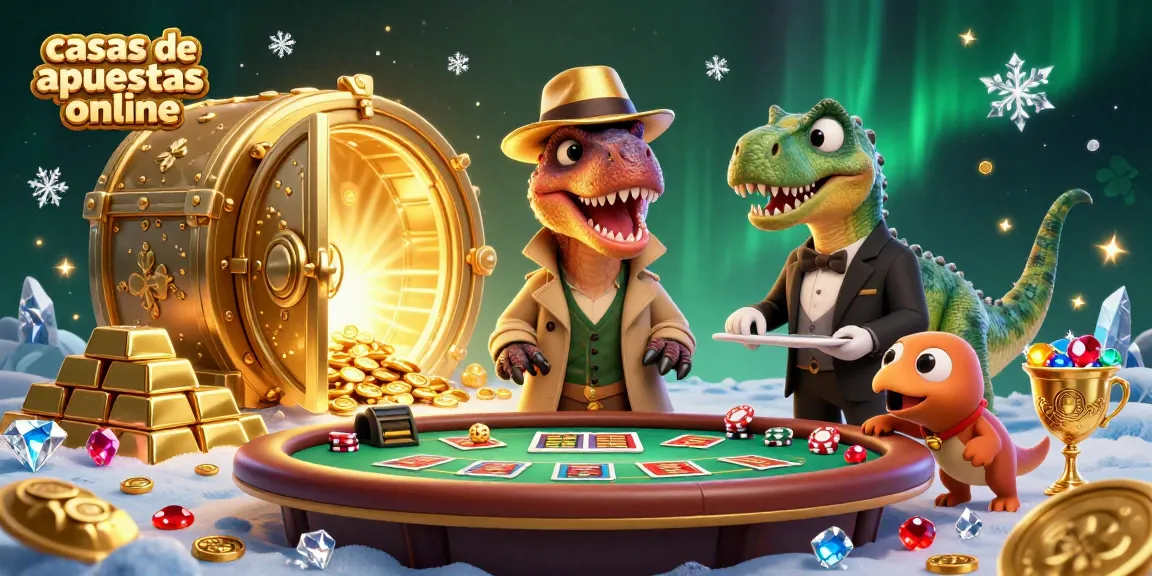 Explora las casas de apuestas online con un velociraptor en una mesa de blackjack y un pitboss atento.
