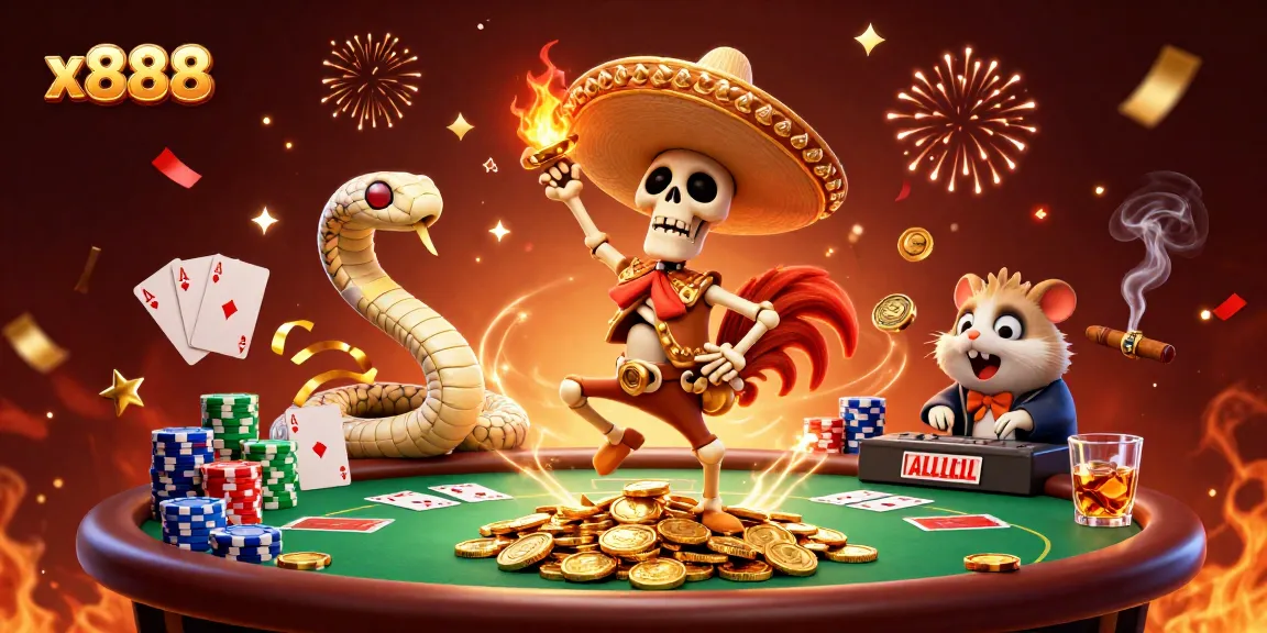 x888 celebrates with a skeleton mariachi rooster and lively casino elements in a vibrant scene