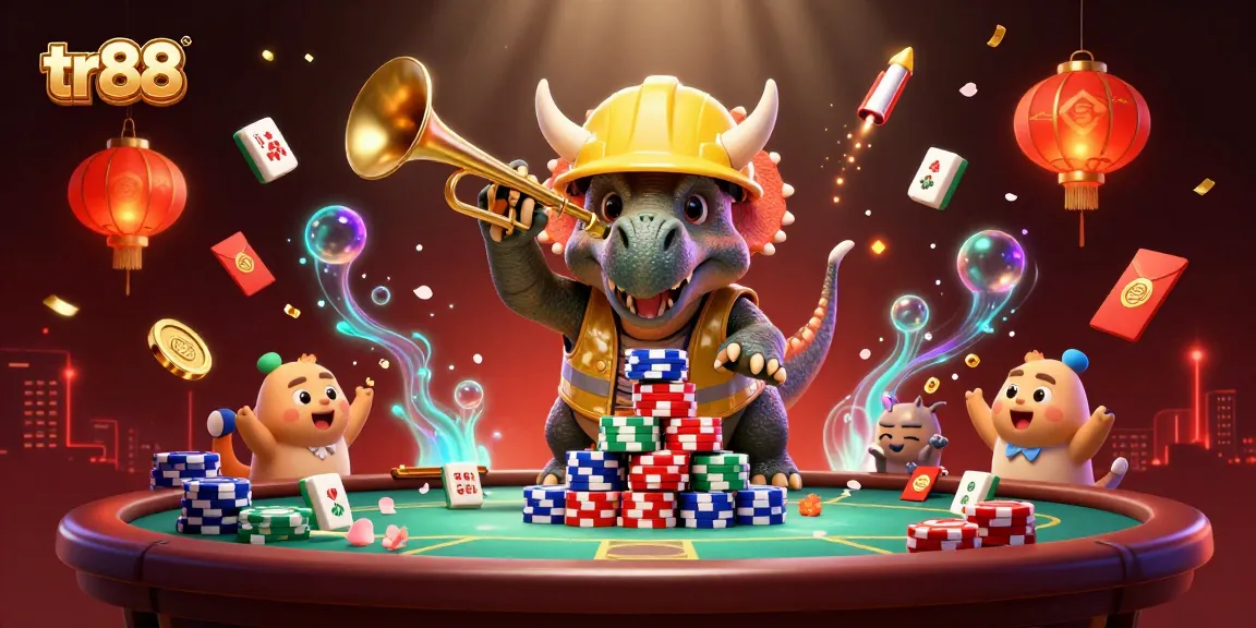 Engage with tr88's dynamic casino pyramid scene, featuring animated characters celebrating wins with poker chips.