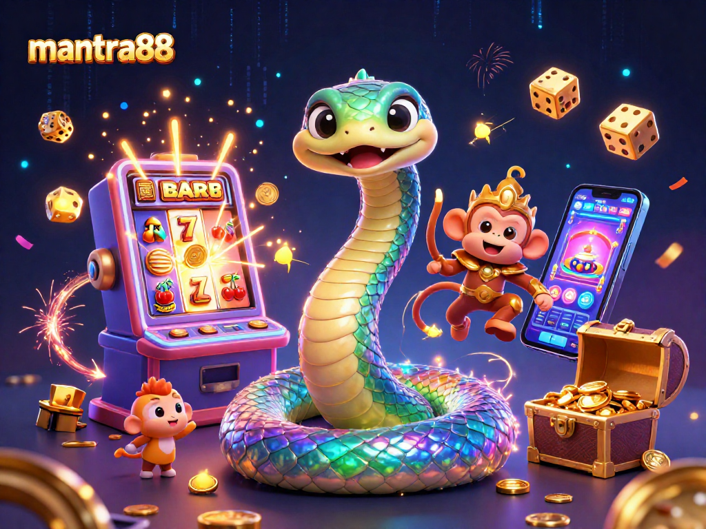 Experience excitement at mantra88 with vibrant 3D visuals of a jackpot and casino games in action.
