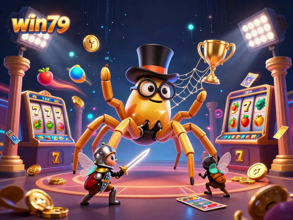 Experience the excitement of win79 through a dynamic casino scene with a golden tarantula and beetle knight.